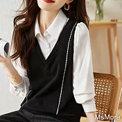 【MsMore】 假兩件拼接襯衫優雅長袖飄帶寬鬆短版上衣# 119925 M 黑白色