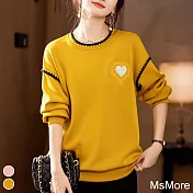 【MsMore】 圓領時尚氣質長袖減齡大碼寬鬆短版上衣# 119946 M 黃色