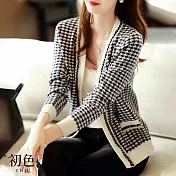 【初色】千鳥格小香風麻花邊長袖針織開衫外套- F 黑白色-31272(F可選)