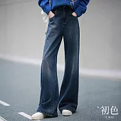 【初色】寬鬆遮肉高腰直筒休閒牛仔口袋闊腿長褲-藍色-31335(M-XL可選) L 藍色