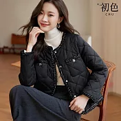 【初色】菱格紋小香風中大碼長袖圓領黑白包邊短款外套-黑色-31216(M-2XL可選) 2XL 黑色