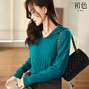 【初色】休閒素色簡約編織V領連帽長袖針織毛衣內搭打底上衣-共6色-31046(F可選) F 藍色