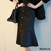 【MsMore】 法式黑色毛呢半身裙高腰顯瘦中長款魚尾長裙# 119969 XL 黑色