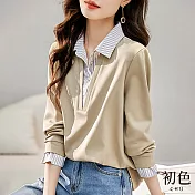 【初色】寬鬆撞色假兩件條紋POLO翻領長袖襯衫上衣-共3色-30194(M-2XL可選) XL 卡其色