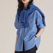 【MsMore】 日本stylem面料抗曬可機洗帶涼感顯背薄經典長袖襯衫短版純色上衣# 120058 M 藍色
