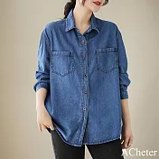 【ACheter】 復古牛仔襯衫長袖上衣疊穿休閒寬鬆短版外套# 120064 M 藍色