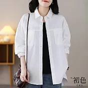 【初色】素色翻領開衫縫線裝飾寬鬆顯瘦落肩袖長袖外套-共3色-31541(M-2XL可選) XL 米白色