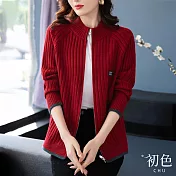 【初色】半高圓領素色寬鬆假口袋設計加厚針織拉鍊外套-共4色-65193(F可選) F 紅色