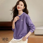 【初色】假兩件拚色層次感圓領長袖加絨T恤上衣-紫色-31496(M-2XL可選) XL 紫色