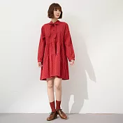 【慢。生活】森林系繫帶領點點開扣蛋糕層寬版A字連衣裙 1111  FREE 棗紅色
