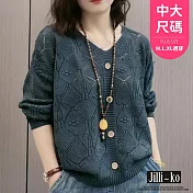 【Jilli~ko】時尚鏤空長袖套頭毛衣女寬鬆打底衫中大尺碼 J11213 FREE 深藍色