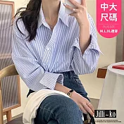 【Jilli~ko】不規則條紋襯衫女設計感寬鬆長袖上衣中大尺碼 J11255 FREE 藍色