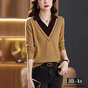 【Jilli~ko】假兩件上衣女翻領拼色打底針織衫 J11251  FREE 卡其