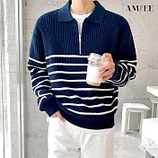 【AMIEE】輕熟風翻臉條紋針織上衣(男裝/KDTQ-3458) 2XL 寶藍