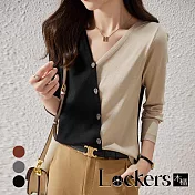 【Lockers 木櫃】秋季女裝不對稱撞色針織衫上衣 L112111302 XL 黑色XL