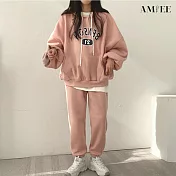 【AMIEE】韓系字母棉質休閒帽T2件套裝(3色/M-2XL/KDAQ-015) 2XL 粉色