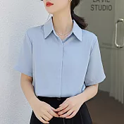 【MsMore】 緞面襯衫時尚洋氣高端上衣職業短袖短版# 120165 M 藍色