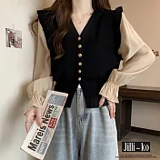 【Jilli~ko】V領喇叭袖針織衫女短款木耳邊假兩件上衣 J11257 FREE 黑色