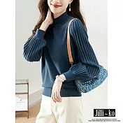 【Jilli~ko】半高領針織衫女坑條燈籠袖輕奢洋氣保暖毛衣 J11291 FREE 深藍