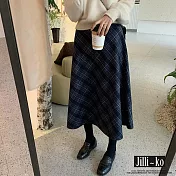 【Jilli~ko】加厚毛呢格子半身裙女高腰顯瘦A字長裙 M-L J11279  M 深藍色