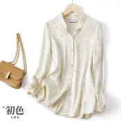 【初色】復古風提花立領中式盤釦寬鬆長袖襯衫上衣-米白色-31347(M-2XL可選) XL 米白色
