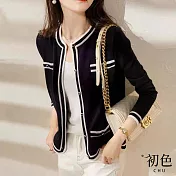 【初色】小香風黑白撞色長袖圓領針織開衫外套-黑色-31517(F可選) F 黑色