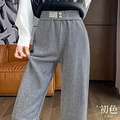【初色】彈力窄版親膚高腰直筒素色垂感顯瘦休閒闊腿長褲-共2款5色-31482(M-2XL可選) 2XL 灰色加長