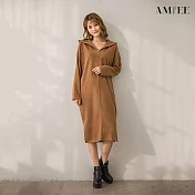 【AMIEE】甜美氣質純色連帽洋裝(4色/M-2XL/KDDQ-9959) L 卡其