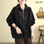 【AMIEE】拉鍊立領造型加厚衛衣(4色/FREE/KDTQ-5219) F 黑色