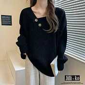 【Jilli~ko】慵懶風V領毛衣女寬鬆設計感針織中大尺碼 J11315 FREE 黑色