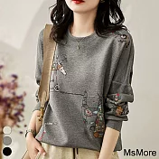 【MsMore】 英式風圓領韓版寬鬆顯瘦百搭卡通刺繡長袖短版上衣# 120297 XL 灰色