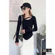 【Jilli~ko】露鎖骨針織衫女設計感長袖內搭上衣 J11353 FREE 黑色