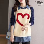 【初色】翻領小眾愛心撞色提花針織衫長袖上衣-共2色-31412(F可選) F 藏青色
