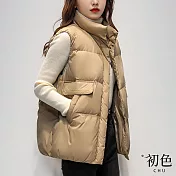 【初色】立領寬鬆大口袋保暖科技羽絨棉背心外套-共5色-66322(F可選) F 卡其色