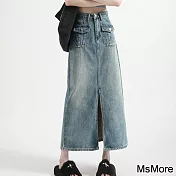 【MsMore】 包臀A字高腰顯瘦梨型工裝開衩牛仔裙# 120365 M 藍色
