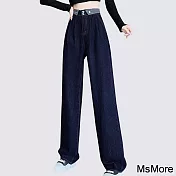 【MsMore】 高腰ins設計感街頭潮流直筒寬鬆顯瘦拖地牛仔褲# 120366 L 藍色