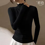 【初色】純色半高領木耳邊修身內搭保暖衛生衣T恤上衣女上衣-2款任選-32344(M-XL可選) XL A.黑色
