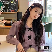 【Jilli~ko】奶油戚風氣質甜美蝴蝶結V領短款針織衫 J11367 FREE 紫色