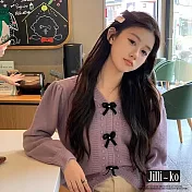 【Jilli~ko】奶油戚風氣質甜美蝴蝶結V領短款針織衫 J11367  FREE 紫色