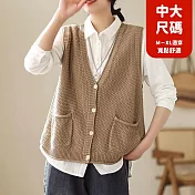 【慢。生活】文藝復古V領寬鬆無袖針織馬甲開衫中大尺碼 45652  FREE 卡其色