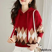 【MsMore】 本命年招財紅色時尚減齡菱形格長袖連帽短款針織衫上衣# 120521 FREE 紅色