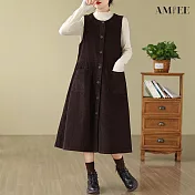 【AMIEE】燈芯絨無袖排扣背心連身洋裝(4色/M-3XL/KDDQ-8386) 2XL 咖啡色