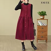 【AMIEE】燈芯絨無袖排扣背心連身洋裝(4色/M-3XL/KDDQ-8386) 2XL 紅色