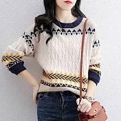 【MsMore】 圓領套頭針織衫長袖寬鬆羊毛感緹花毛衣短版百搭上衣# 120536 FREE 黃色