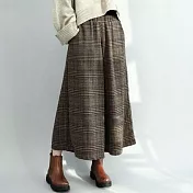 【AnZa】日系格子毛呢厚款保暖八分寬褲闊腿褲休閒褲長褲(2色) L 棕色