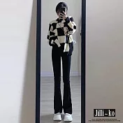 【Jilli~ko】高腰修身顯瘦彈力拖地牛仔微喇叭褲 L-2XL J11508  XL 黑色