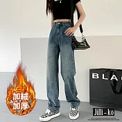 【Jilli~ko】加絨加厚女高腰顯瘦直筒拖地牛仔褲 M-2XL J11537  L 藍色