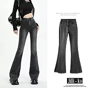 【Jilli~ko】時尚修身毛鬚高腰女彈力喇叭牛仔褲 M-2XL J11580 M 黑色