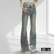 【Jilli~ko】復古水洗雙扣高腰女修身喇叭牛仔褲 J11578 M 藍色