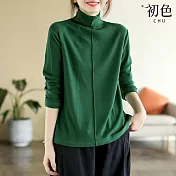 【初色】韓版素色拼接高領大碼長袖內搭T恤上衣-共5色-31665(M-2XL可選) L 綠色